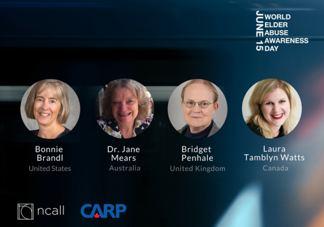 Graphic image for NCALL and CARP webinar: featuring four headshots of Bonnie Brandl, Dr. Jane Mears, Bridget Penhale, and Laura Tamblyn Watts